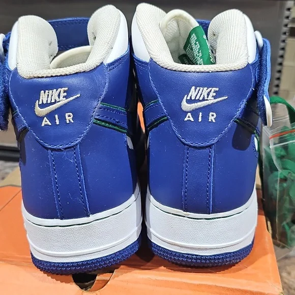 Nike Air Force 1 Mid Blue White Sneakers with Green Accents - Picture 4 of 6